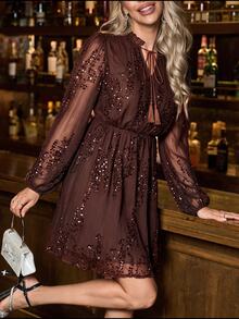 SHEIN Clasi Women's Elegant Vacation Sequin Tie-Up Dress - Mocha Brown - View 5