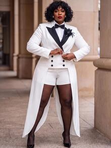 Slaydiva Plus Size 2 Pieces Suit, Black Lapel Long Tail Tuxedo Blazer & Matching Shorts Formal Set - White - View 9