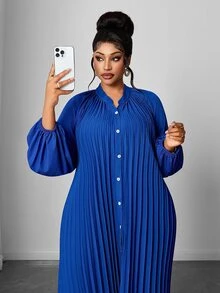 Maweii Plus Size Women's High-Quality Pleated Long Dress, Loose Fit Flattering All Body Types, Suitable For Commuting And Parties Fall - Royal Blue - View 3