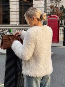 DAZY Women's Autumn/Winter Fashion Solid Color Faux Fur Coat - Beige - View 6