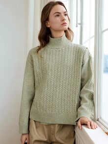 Dazy-Less Women's Green Round Neck Long Sleeve Cable Knit Fitted Ribbed Casual Sweater, Winter - Mist Green - View 4