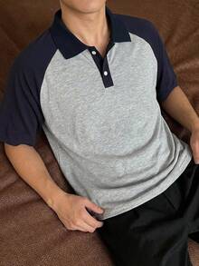DAZY 夏季男士韓式插肩袖短袖 Polo 領 T 恤，灰色衣身搭配深藍對比袖 - 彩色 - 查看 6