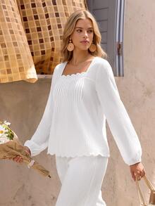 Vivid Eden Square Neck Pleated Design Autumn/Winter Vacation Long Sleeve Shirt And Pants 2 Pieces Set Brunch Vacation White French Elegant - Apricot - View 4