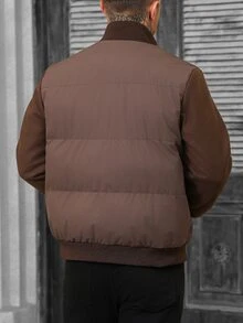 Manfinity Homme 男士羊毛拼接填充外套，絎縫袖棒球夾克，休閒立領全拉鍊羅紋袖口秋冬填充外套 - 咖啡棕 - 查看 2
