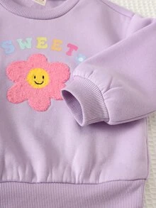 Cozy Pixies 女嬰字母與花卉印花長袖衛衣與運動長褲休閒日常套裝 - 紫色 - 查看 4
