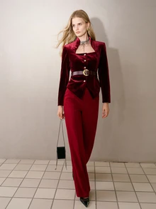 MOTF PREMIUM STAND COLLAR VELVET WIDE SHOULDER METAL BUTTON DECOR BELT ASYMMETRIC COLLAR JACKET - Burgundy - View 5