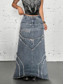 StreetHx Women's Sexy Design Button Frayed Hem Denim Skirt - Blue - View 5