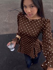 SHEIN Girlism 青少年女孩優雅復古花瓣袖波點印花襯衫 - 棕色 - 查看 2