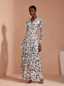 JIAN LASALA Gaun Panjang Elegan dengan Leher V Berbentuk Jala dan Lengan Panjang, serta Hemline Berumbai Tidak Merata - MultiWarna - View 6