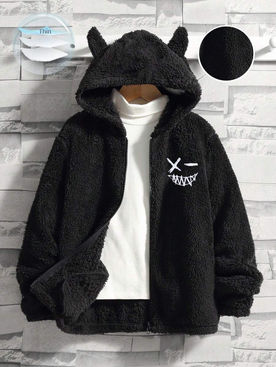 SHEIN 兒童青少年男孩休閒連帽抓絨開襟中磅舒適外套，適合通勤、上學、日常休閒、度假、旅行、運動，秋冬穿著