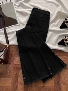 GlowEve Women's Sexy Button Rhinestone Flared Fashion Jeans - Black - View 2