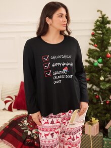 Doze Lane Christmas Fun Letter Print Round Neck Long Sleeve Plus Size Pajama Set - Black - View 7