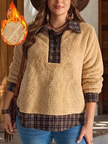 EMERY ROSE Sweatshirt Lengan Panjang Kasual Harian Motif Kotak-kotak Patchwork untuk Wanita Ukuran Plus - MultiWarna - View 4