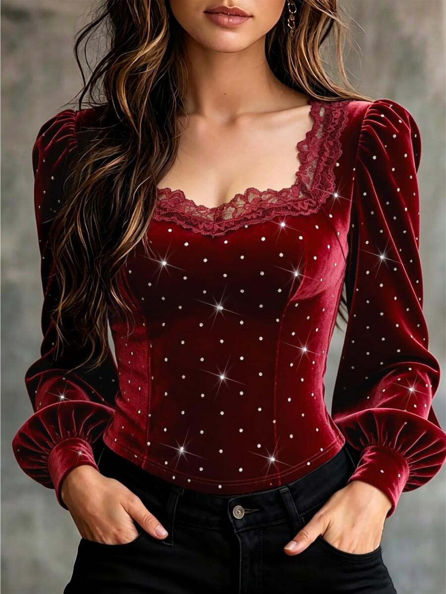 Balvessa Women's Lace Patchwork Rhinestone Embellished Slim Fit Versatile Casual T-Shirt - Burgundy - View 1
