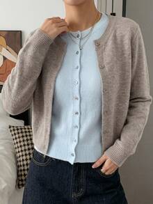 Strévra Women's Wool Colorblock Casual Daily Cardigan - Khaki - View 7