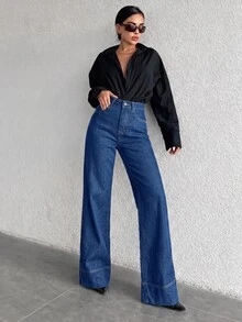 SHEIN Tall 女款休閒水洗直筒牛仔褲 - 深色水洗藍 - 查看 4