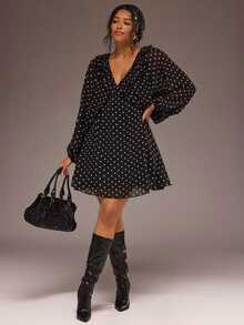 Freevana Elegant Women Chiffon Black Polka Dot Deep V-Neck Ruffle Long Balloon Sleeve Flowy Short Dress - Black - View 7