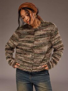 Freevana Plus Size Women's Vintage Striped Long Sleeve Casual Knit Cardigan - Multicolor - View 7