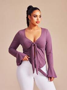 SHEIN Core Rhythm Plus Size Women's One-Piece Solid Purple Sports Kawaii Front Tie-Front T-Shirt Tank Top Gym Autumn Fall Pilates Tropical Cow Girl - Purple - View 4