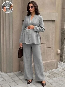 SHEIN 孕婦抽繩長袖外套與可調腰圍長褲 2 件套裝 - 灰色 - 查看 5