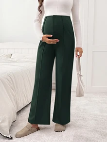 SHEIN 孕婦純色休閒百搭日常穿著長褲 - 墨綠色 - 查看 7