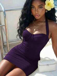 Slaydiva Women's Solid Color Casual Daily Summer Halter Neck Mini Dress - Purple - View 5