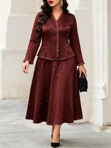 Modelyn Plus Size Women's Jacquard Frill Trim Single-Breasted Shirt And Skirt Elegant 2 Pieces Set - Brown - View 4
