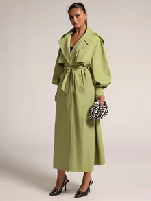 SHEIN BAE Women's Autumn/Winter Classic Lapel Daily Versatile Commute Elegant Solid Color Long Curved Sleeve Four-Button Front Open Trench Coat Jacket - Green - View 1