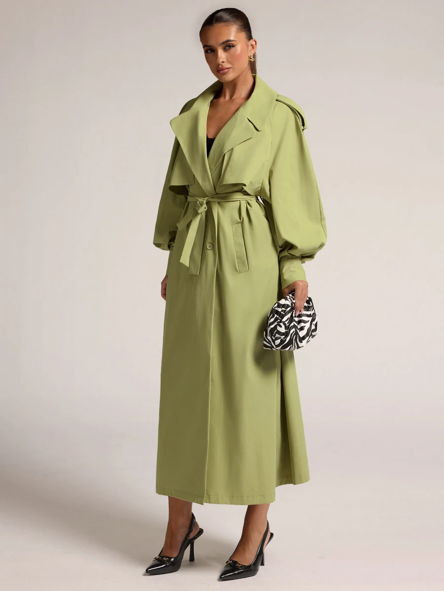 SHEIN BAE Women's Autumn/Winter Classic Lapel Daily Versatile Commute Elegant Solid Color Long Curved Sleeve Four-Button Front Open Trench Coat Jacket - Green - View 1