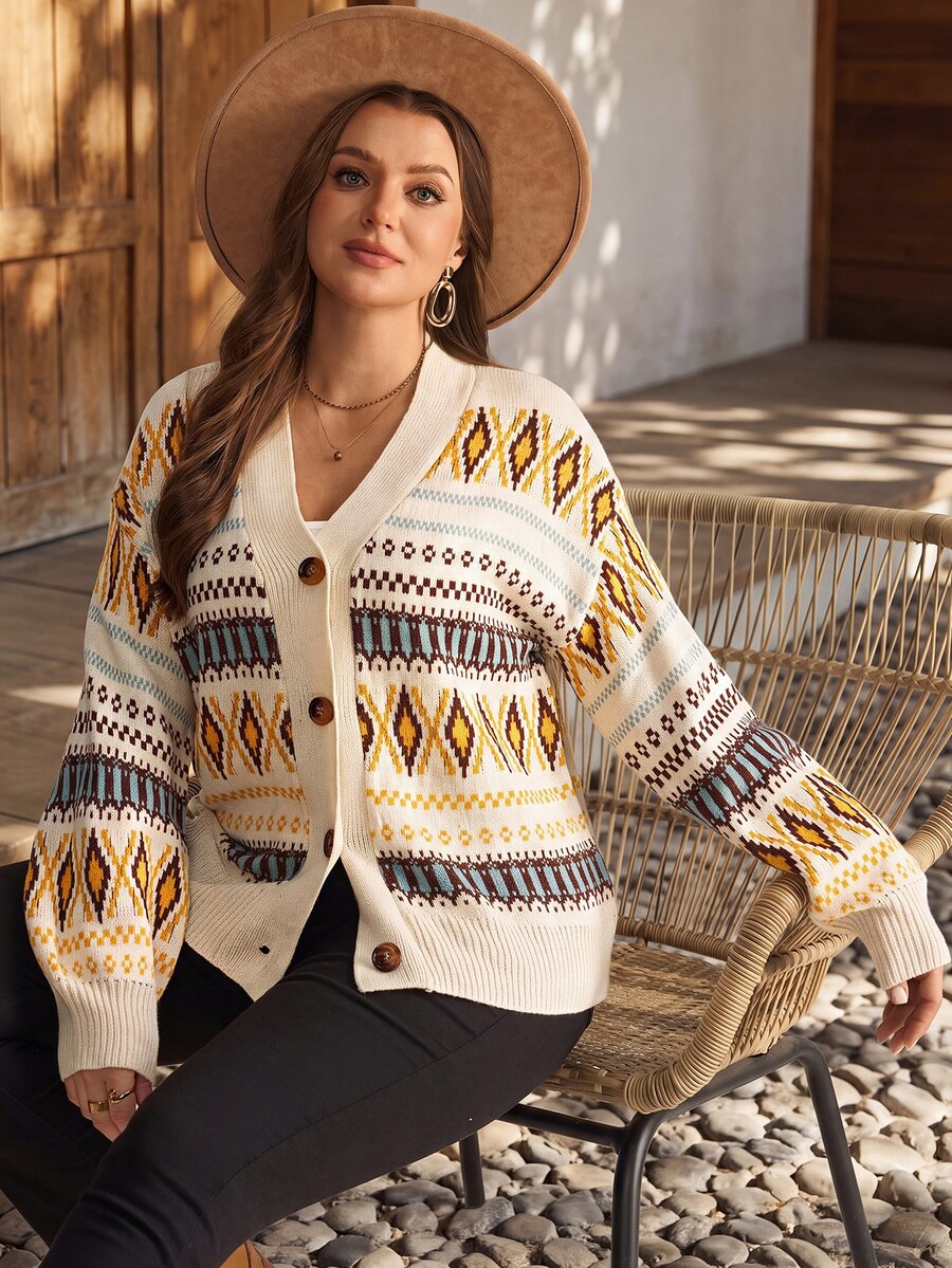 EMERY ROSE Women's Plus Size Vintage Geometric Pattern Drop Shoulder Long Sleeve Knit Cardigan Winter - Multicolor - View 1