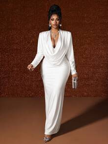 Maweii Plus Size Women Solid Color Deep Neck Ruched Fitted Elegant Dress - White - View 6