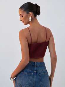 Hauture Women's Solid Color Asymmetrical Hem Criss-Cross Design Halter Tank Top - Burgundy - View 2