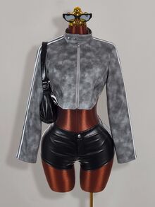 Amplova Autumn/Winter Fur Collar Patchwork PU Women's Jacket - Grey - View 13
