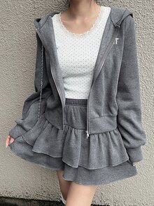 FRIFUL Women's Autumn Hooded Rhinestone Letter Layered Short Skirt 2 Pieces Set - Grey - View 7
