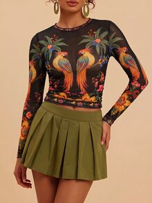 Travachic 女款棕櫚樹網紗圓領長袖修身性感上衣 - 彩色 - 查看 7
