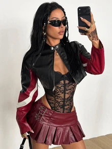 Coolane 女款秋冬街頭風運動休閒 Y2K 賽車手配色拼色黑色修身長袖短版賽車夾克 - 彩色 - 查看 1