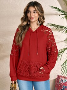 Rusticease Plus Size Women Solid Color Contrast Lace Raglan Long Sleeve Drawstring Hooded Sweatshirt - Red - View 8