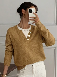 DAZY Atasan Kerah Henley dengan Desain Blok Warna Longgar, Sweater Rajut Lembut 2 in 1 untuk Wanita - Kuning - View 3
