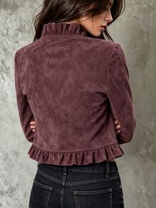 SHEIN Maillard Faux Suede Ruffle Collar Double-Breasted Metal Button Long Sleeve Jacket For Daily Wear And Dates - Burgundy - View 2