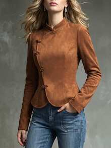 Trelyra Women's Fall Brown Stand Collar Frog Button Suede Jacket, Slant Placket Long-Sleeve Waisted Flared Top, Chic Occasion Wear For Daily Commute Office - Brown - View 5