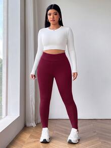 SHEIN EZwear 酒紅色大尺碼女款保暖內裡休閒內搭褲 冬季 - 酒紅色 - 查看 3