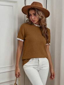 Louniche Spring/Summer Elegant Commute & Home Daily Wear Apricot Small Round Neck Lace Trim Patchwork Knit Pullover Short Sleeve Sweater - Brown - View 3