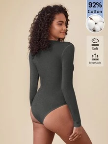 SHEIN BASICS 女款純色圓領長袖休閒連身衣T恤 - 深灰色 - 查看 5