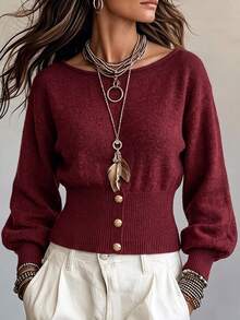 SHEIN PariChic Women's Off-Shoulder Asymmetric Pullover Sweater, Solid Red, Lantern Sleeves & Metal Button Detail, Elegant Waist-Fit For Office & Gatherings - Burgundy - View 3