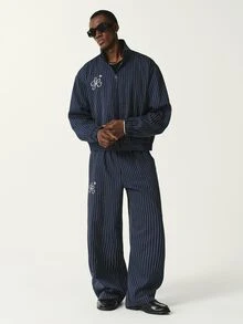STYNVO Men's Letter Stripe Long Sleeve Zip-Up Jacket And Stripe Pants Casual Set - Blue - View 1