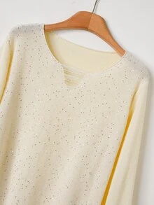 Rusticease Women's Solid Color Long Sleeve Sequin Loose Sweater - White - View 5