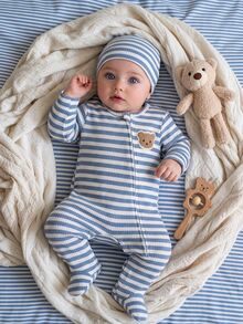2pcs/Set Autumn/Winter Newborn Baby Romper, Fresh & Cute Blue & White Ribbed Fabric, Exquisite Cute Bear Patch, Zipper Front, Long Sleeve, Footed Crawl Suit With Hat, Home Wear - Blue - View 7