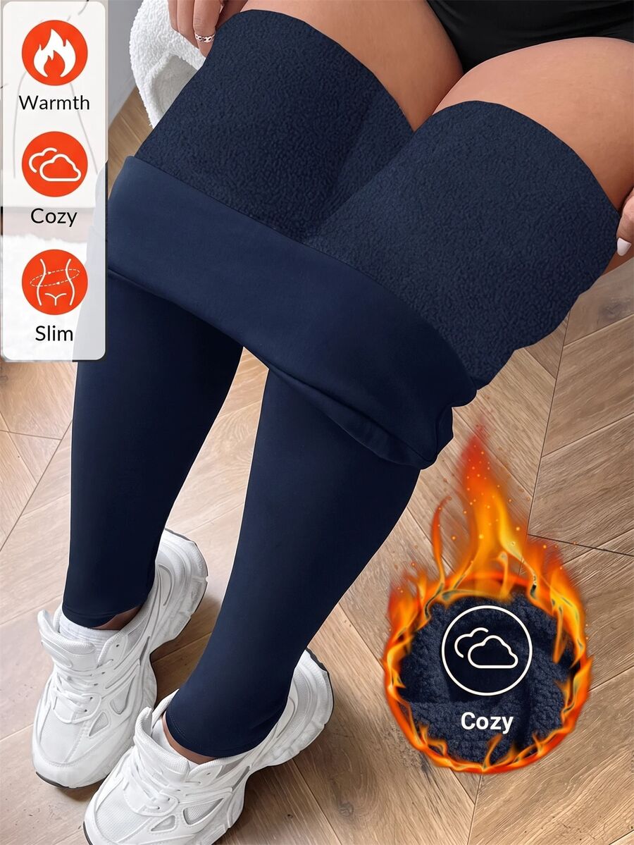 SHEIN EZwear Plus Size Women Solid Color Casual Versatile Daily Wear Tight Leggings - Navy Blue - View 1