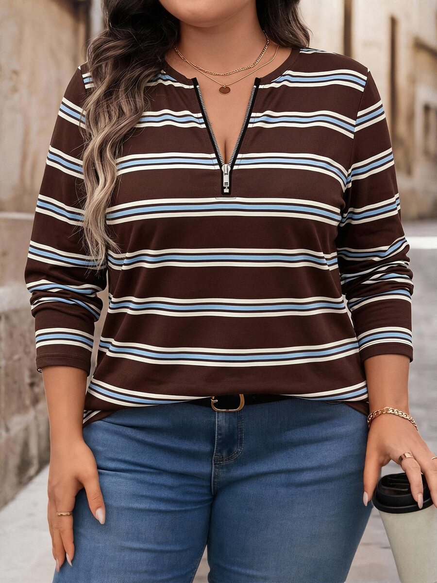 EMERY ROSE Vintage Striped Plus Size Half-Zip Crew Neck Loose Long Sleeve T-Shirt, Suitable For Spring/Autumn Teacher's Day Outfit - Multicolor - View 1