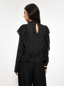 Maija Women's Patchwork Sequin Stand Collar Ruffle Loose Fashion Blouse,Going Out Outfits, Work Outfits For Women,Fall Clothes - Black - View 3